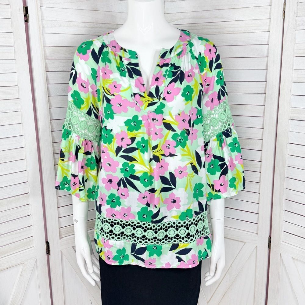 Cottagecore Floral Garden Party Crochet Trim Flare Sleeve‎ Tunic Top Green XS